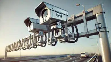 DALL·E 2025 02 04 18.07.02 A realistic image of a highway speed camera system mounted on a metal structure above the road. The cameras are positioned to monitor traffic with a