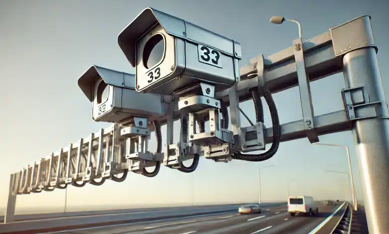 DALL·E 2025 02 04 18.07.02 A realistic image of a highway speed camera system mounted on a metal structure above the road. The cameras are positioned to monitor traffic with a