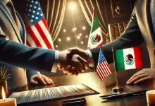 DALL·E 2025 02 05 10.15.09 A realistic and symbolic image representing an agreement between Mexico and the United States. The image features a handshake between two individuals