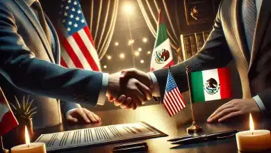 DALL·E 2025 02 05 10.15.09 A realistic and symbolic image representing an agreement between Mexico and the United States. The image features a handshake between two individuals