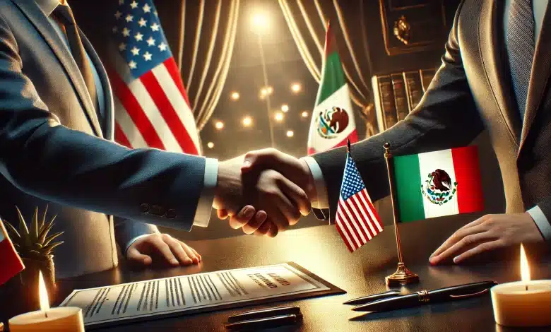 DALL·E 2025 02 05 10.15.09 A realistic and symbolic image representing an agreement between Mexico and the United States. The image features a handshake between two individuals