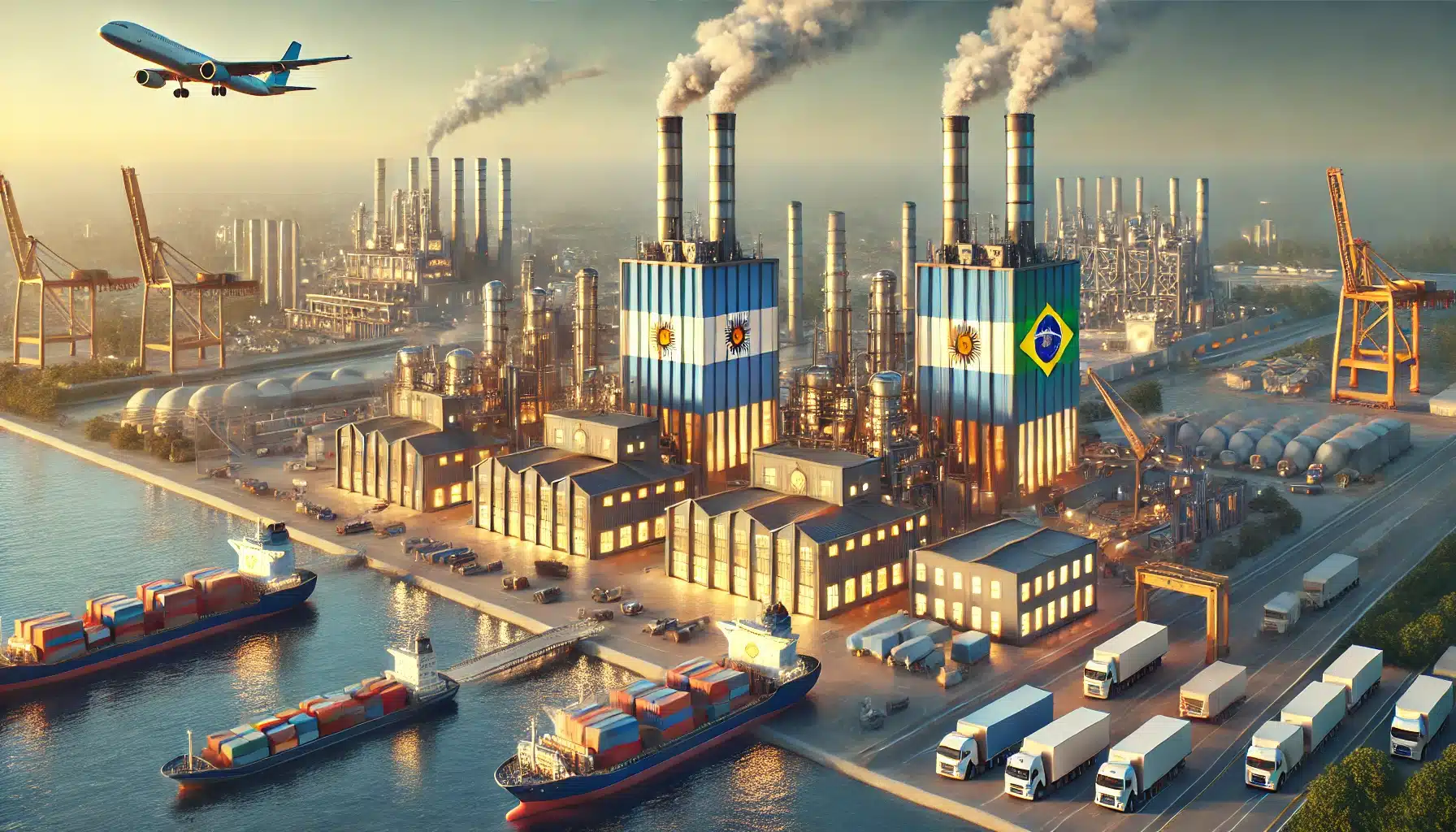 DALL·E 2025 03 05 09.57.39 A high quality realistic digital illustration representing the economic and industrial partnership between Argentina and Brazil. The image features t