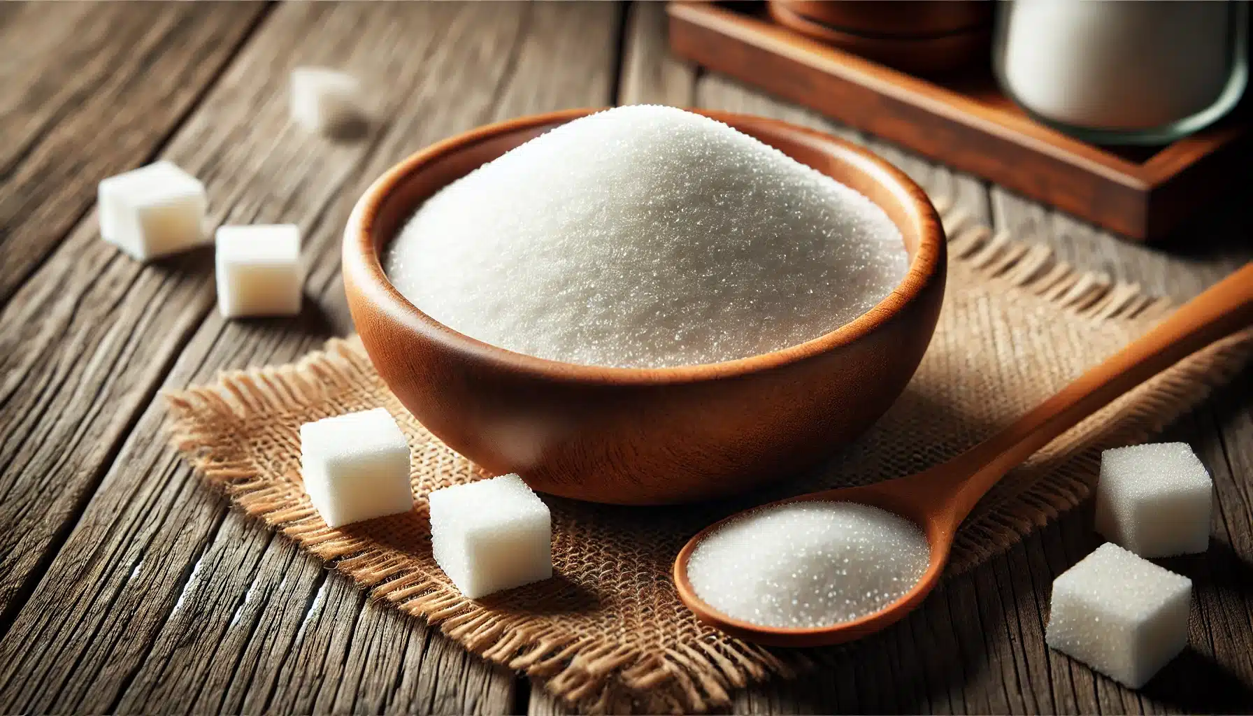 DALL·E 2025 03 11 17.31.49 A highly realistic close up photograph of refined white sugar in a wooden bowl with a wooden spoon. The sugar is finely textured with a few sugar cu