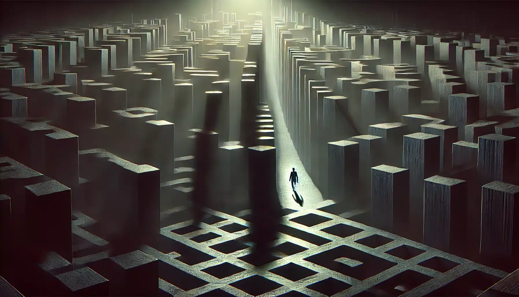 DALL·E 2025 03 12 16.39.41 A highly realistic dark themed digital illustration of a person walking through a complex maze. The maze is composed of tall imposing walls in dark