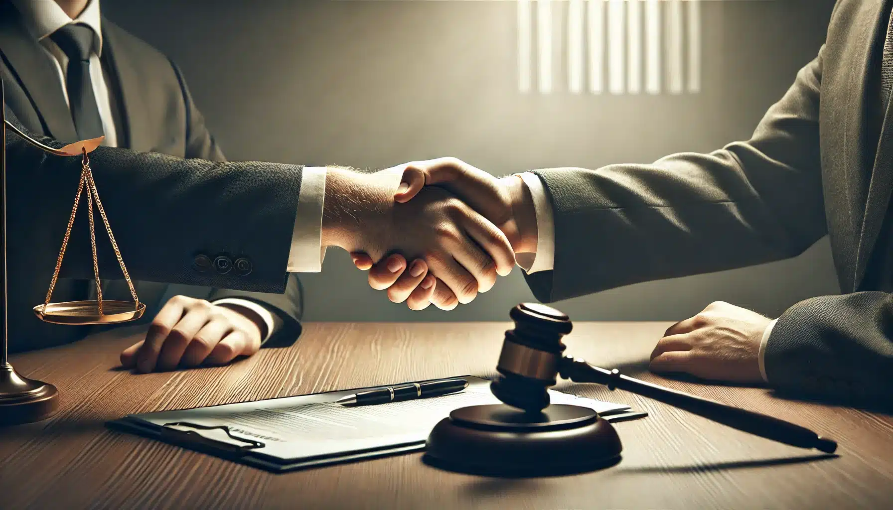 DALL·E 2025 03 17 17.00.19 A realistic image of two hands shaking symbolizing an agreement being made. The scene is set in a professional environment with a subtle legal or bus