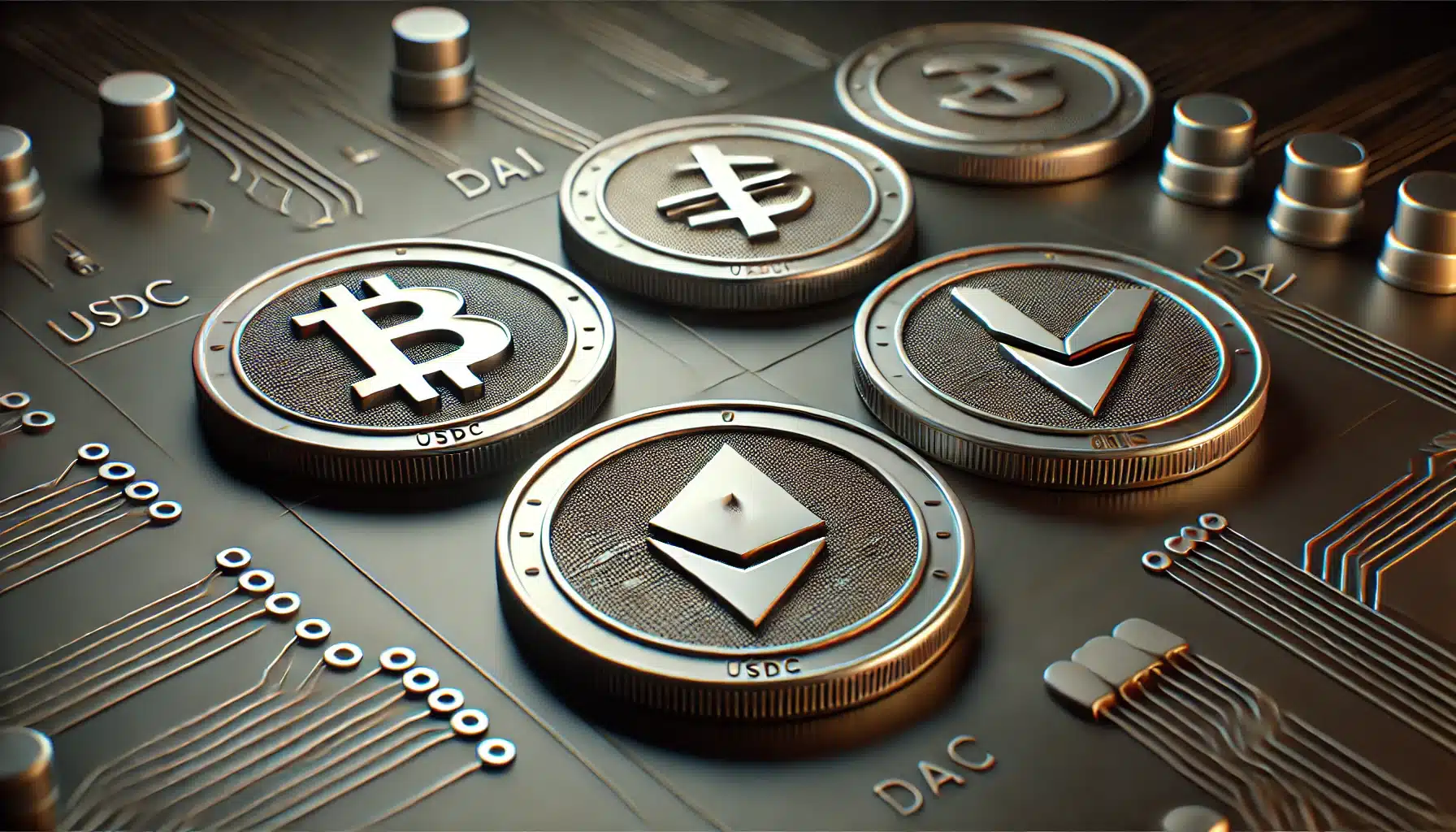 DALL·E 2025 03 18 14.29.12 A realistic digital illustration of stablecoins featuring digital coins with symbols representing different stablecoins like USDC DAI and Tether. T