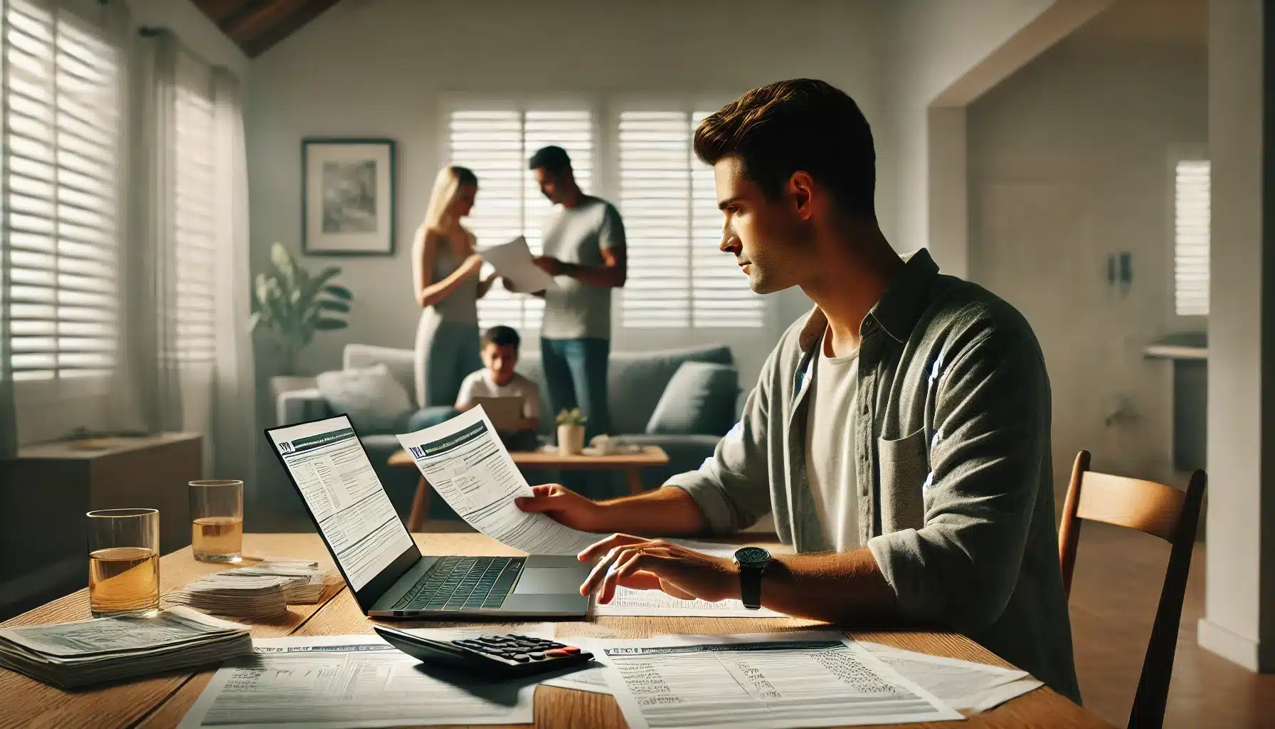 DALL·E 2025 03 19 09.39.38 A realistic photograph of a Brazilian taxpayer reviewing financial documents at home. The person is sitting at a wooden table with a laptop open a ca