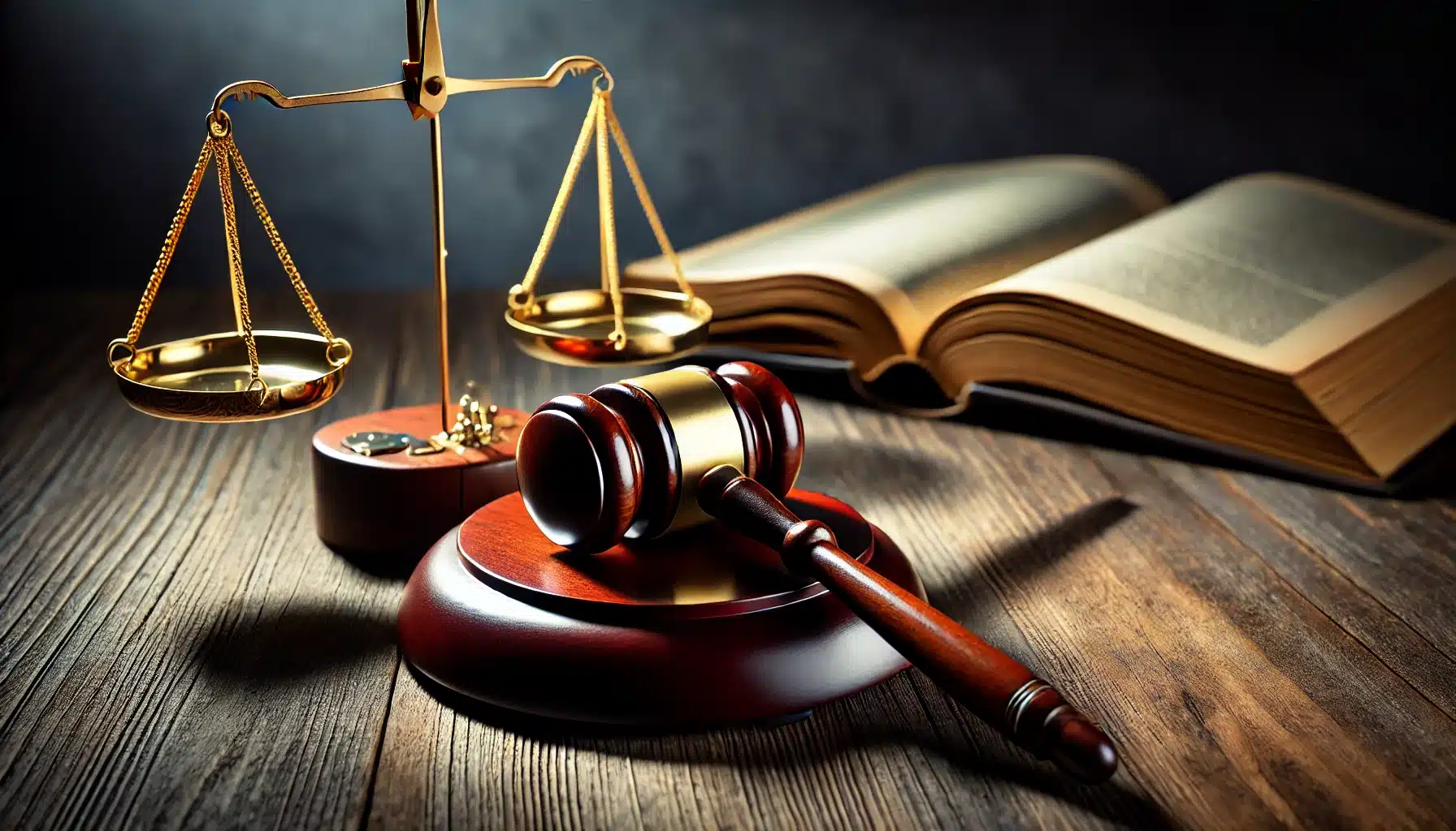 DALL·E 2025 03 19 17.15.34 A realistic photograph representing justice. The image features a judges gavel resting on a wooden table alongside a set of balanced golden scales.